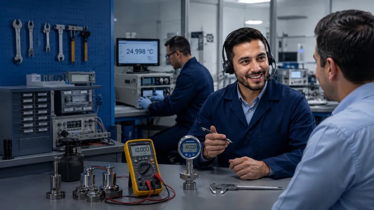 Prime Innovation support engineer with headset discussing industrial calibration specs with client
