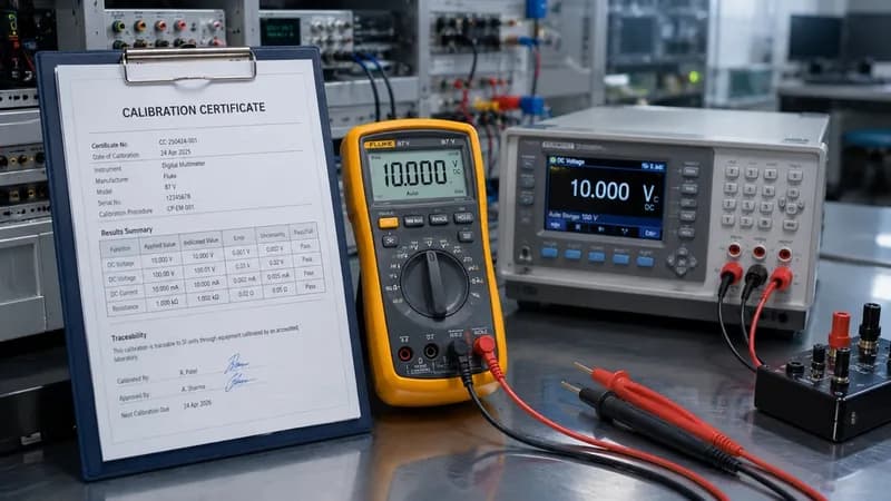 Fluke multimeter displaying 10.000 V next to calibration certificate Pass report sheet