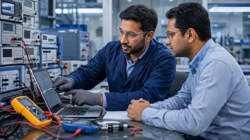 Electrical engineer discussing calibration specifications on laptop screen with client manager