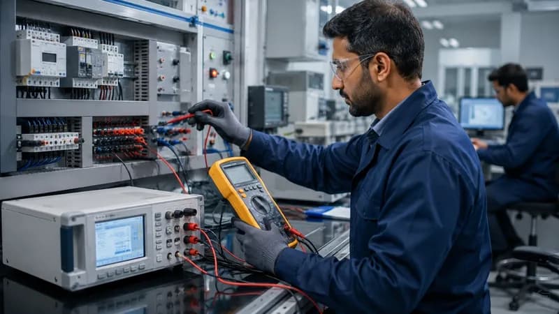 Electrical calibration technician using digital multimeter to verify test bench panel module