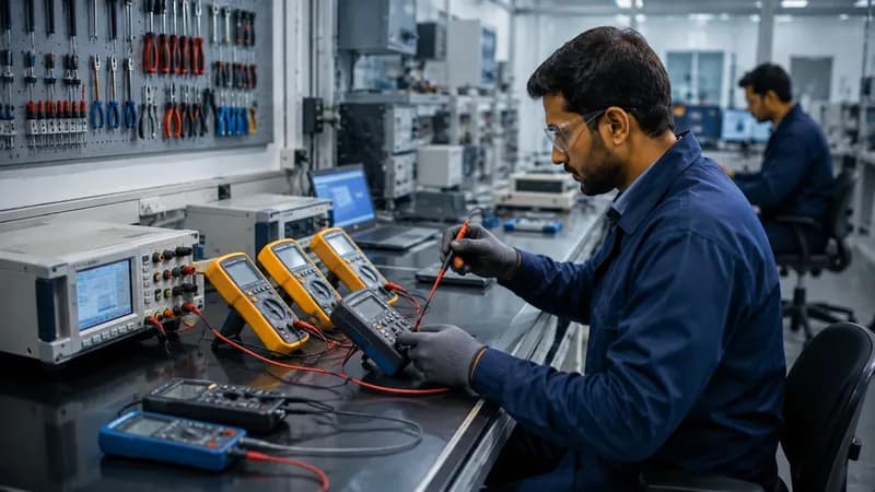 Calibration specialist testing and verifying batch of digital multimeters at lab desk