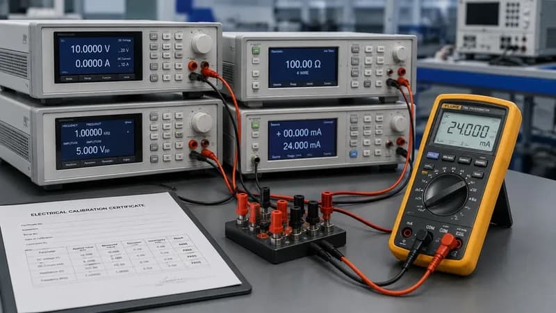 High-precision laboratory multimeters and calibrators with test leads on bench