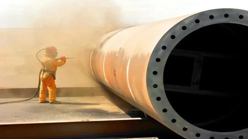Technician in sandblasting protective suit blasting large industrial steel pipe cylinder