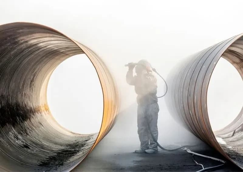 Industrial coating curing and drying phase with worker inside large metal pipeline