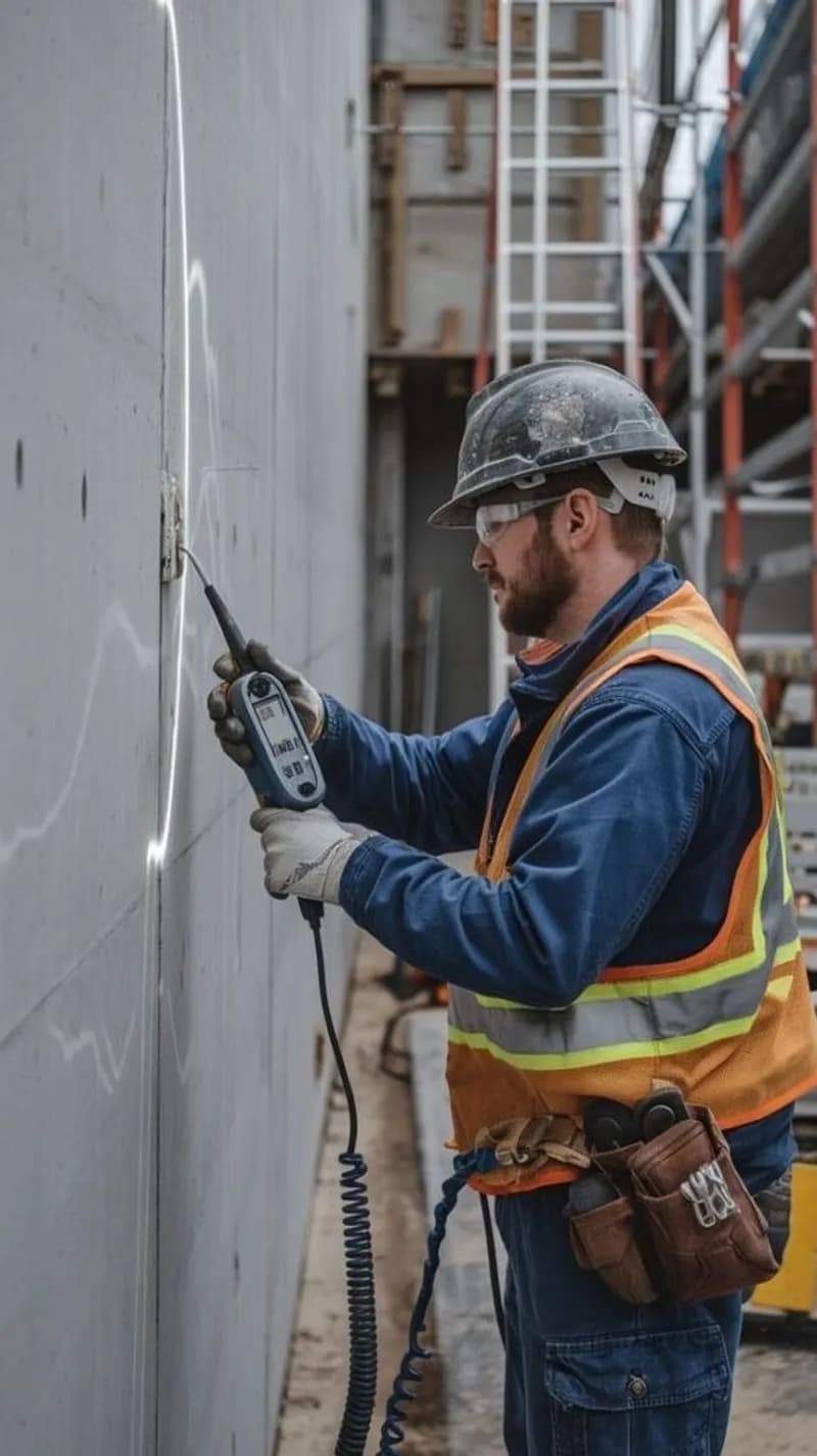 Quality control inspector checking Dry Film Thickness DFT using electronic gauge probe