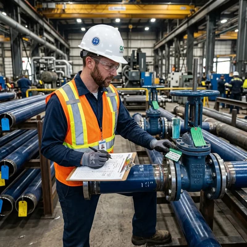 Quality control inspector with safety vest and hard hat checking coated steel valve and tag labels