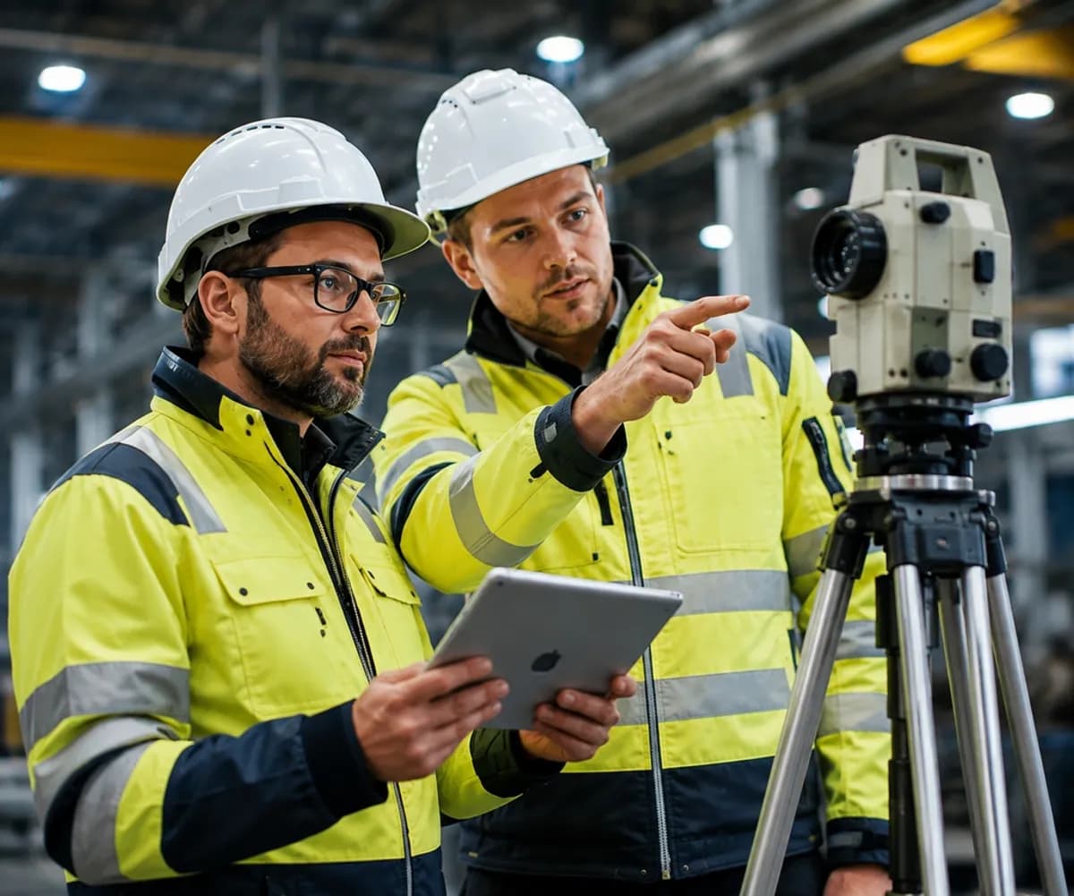 Prime Innovation industrial survey engineers wearing hard hats working inside facility with surveying theodolite