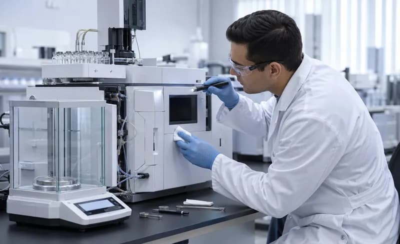 Analytical calibration scientist in laboratory inspecting spectrometer instrument