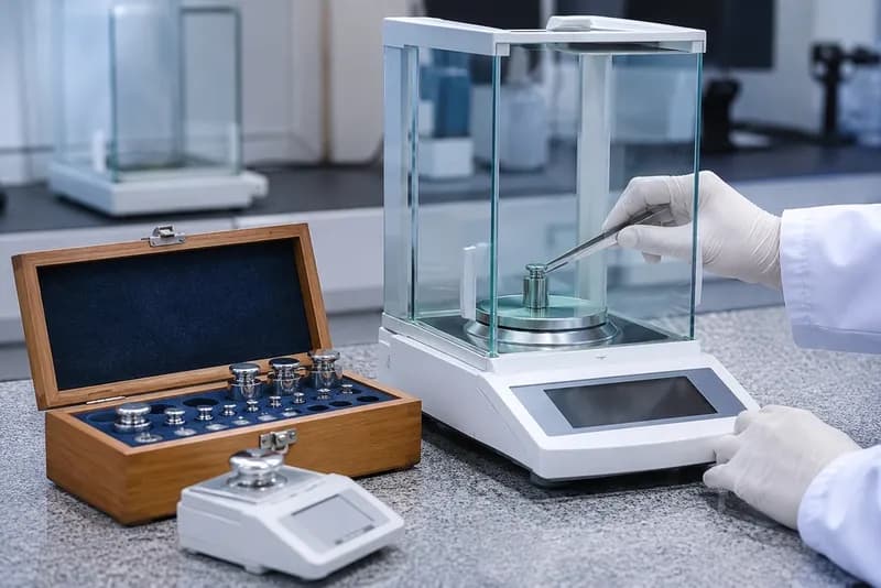 Laboratory weighing balance scale verification check using calibration weights