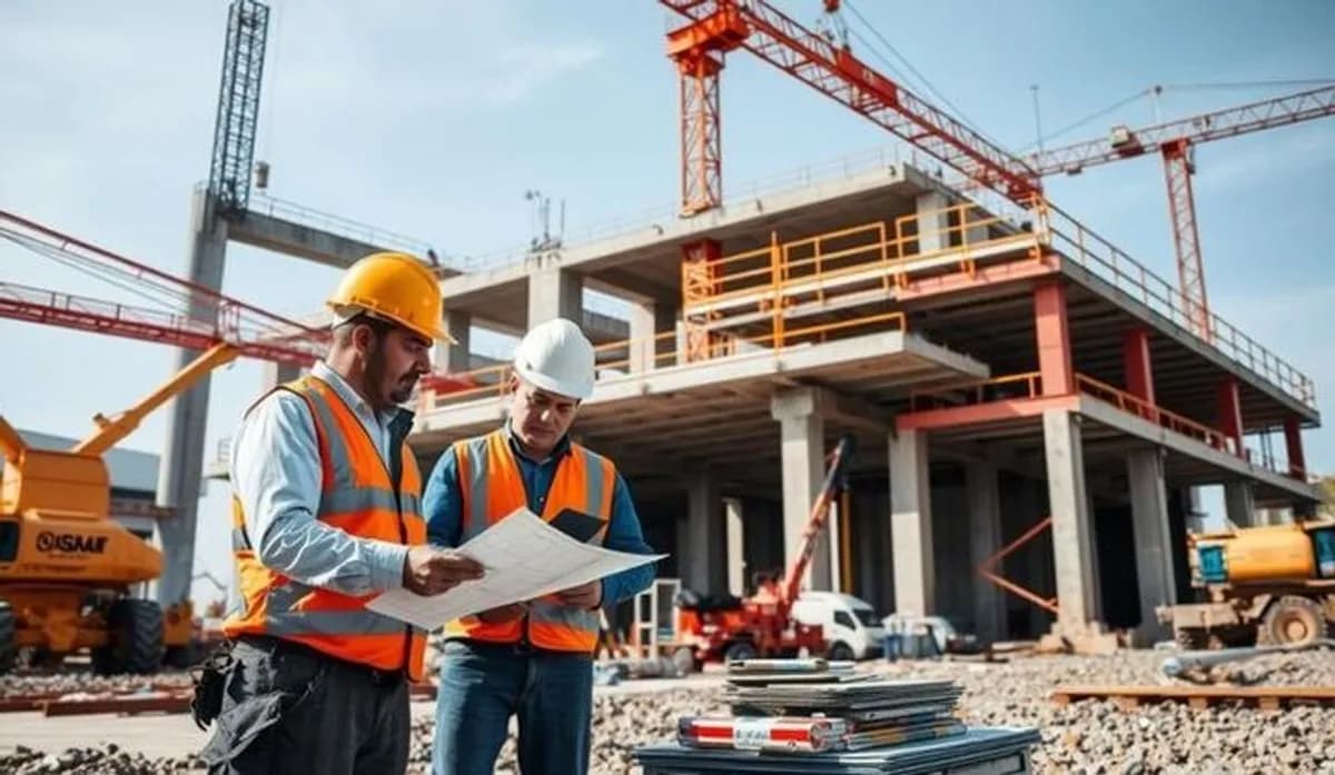 Civil testing construction engineers checking blueprint site layouts in front of cranes