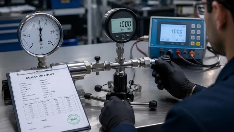 Traceable calibration report with pass certificate stamp and pressure standard digital gauge