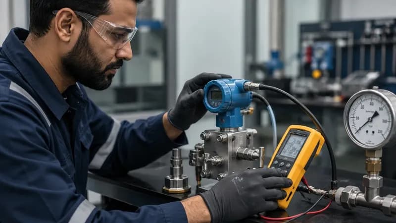 Calibration technician working on pressure module using Fluke calibrator bench