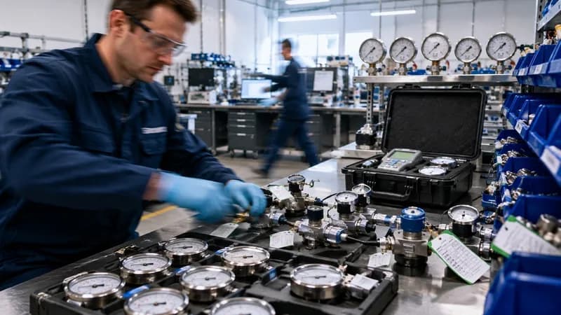 Pressure calibration workshop with technician fast-sorting and tagging gauges