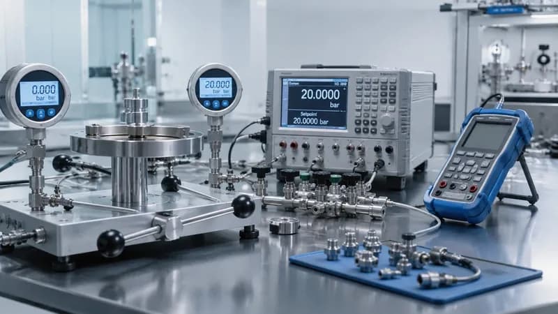 High-precision pressure calibration table with digital standards and gauges