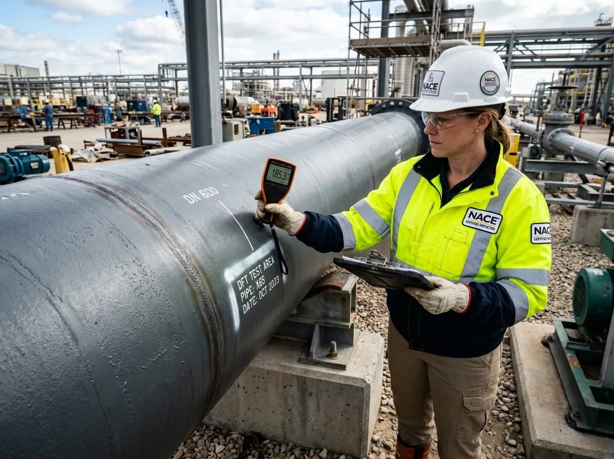 Coating Inspection and Quality Support in Rahima - DFT thickness testing on coated pipe