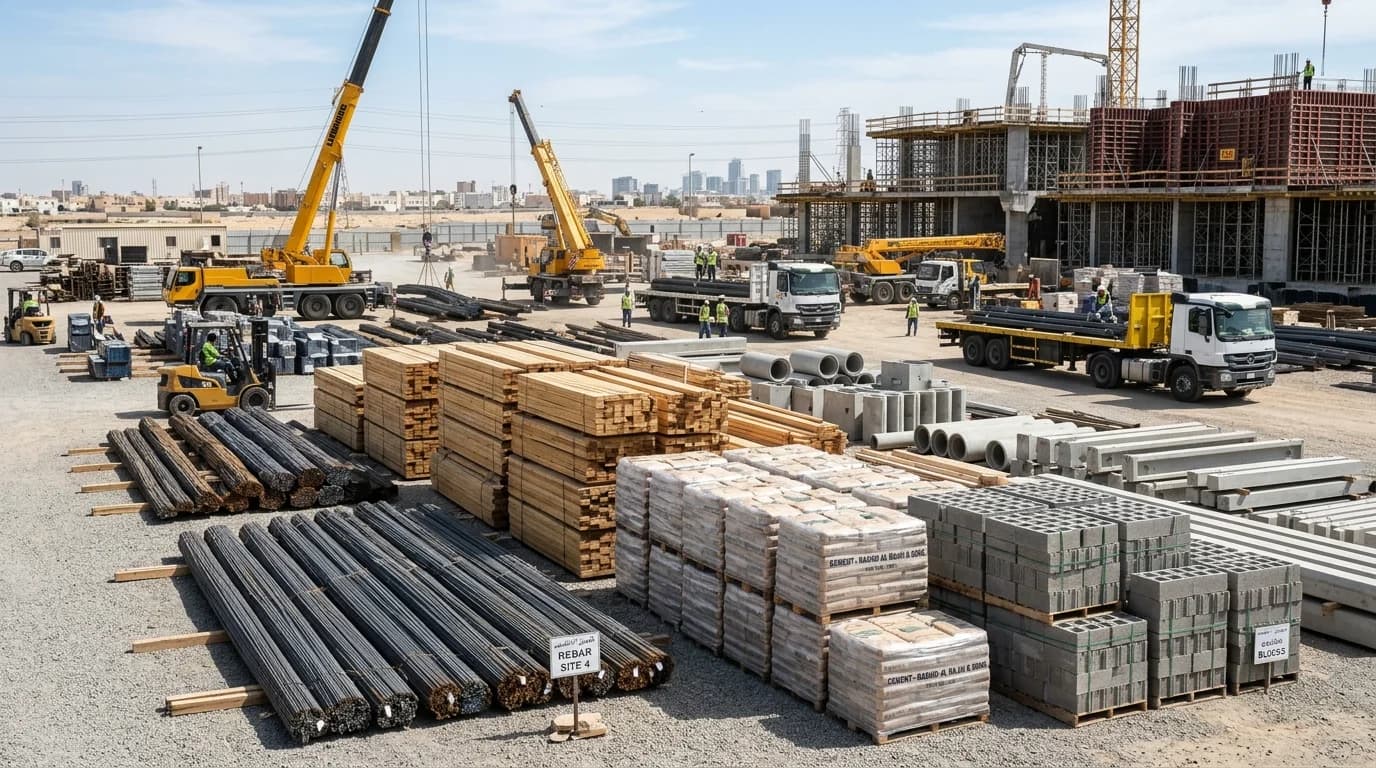Construction Material Supply in Tarout - Rebar, structural timber, cement, and building supplies