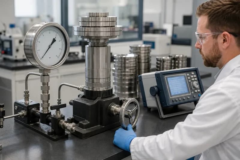 Metrology technician calibrating instrument on deadweight tester reference comparison bench