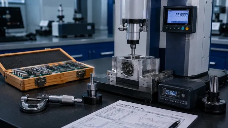Digital coordinate measurement unit displaying 25.0002 on table next to micrometers and report certificate