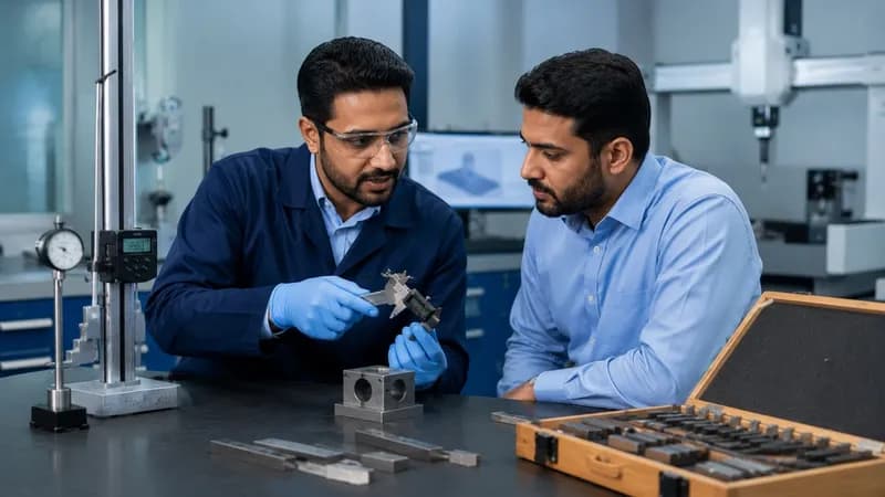 Dimensional calibration engineer explaining micrometric tolerances to client manager