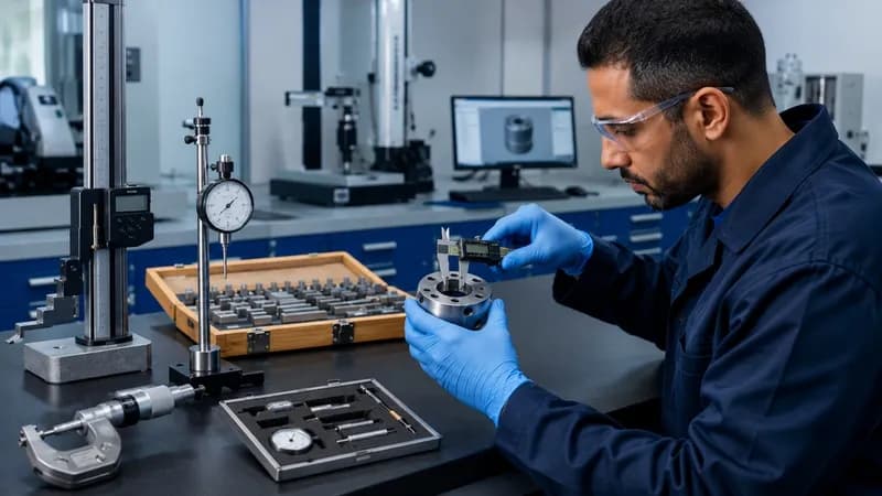 Calibration technician in safety glasses measuring metal cylinder using digital vernier calipers