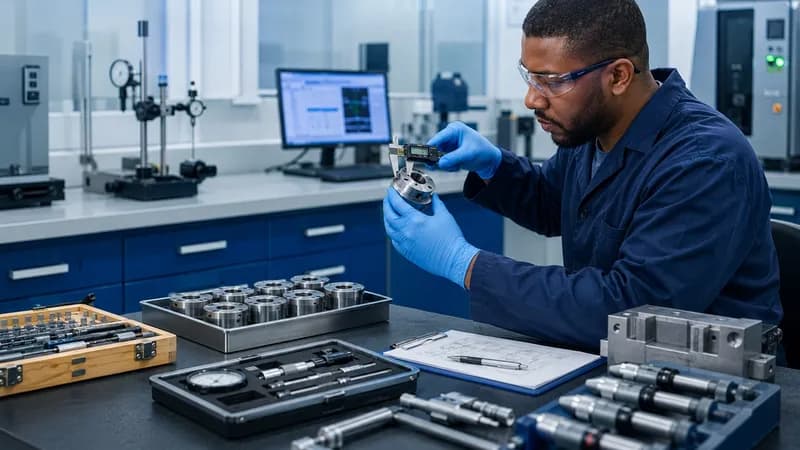 Technician checking and calibrating batch of industrial metal parts for tolerance validation