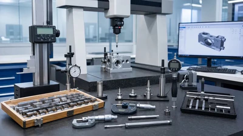 Precision dimensional calibration laboratory with height gauges, micrometer calipers, and CMM