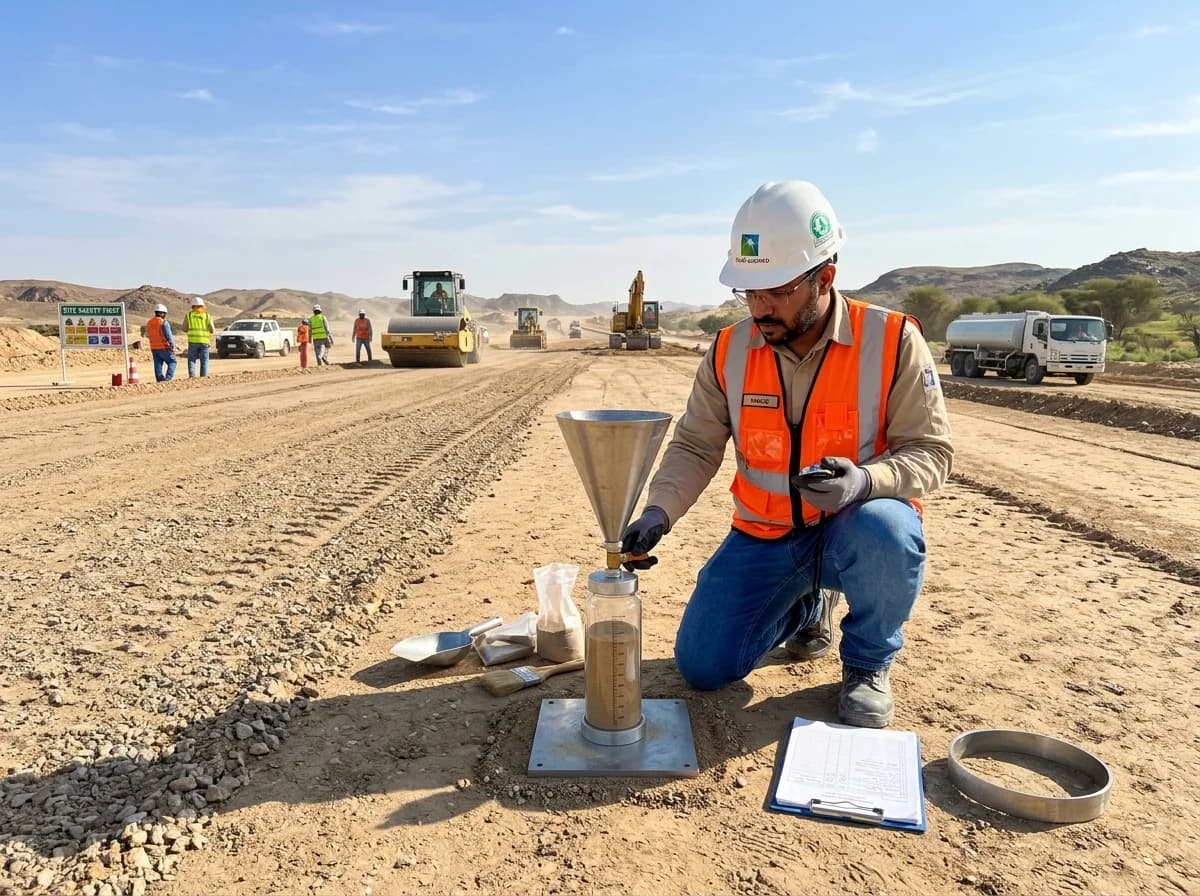 Field Density and Compaction Testing in Aujam - In-place sand cone density testing on road subgrade
