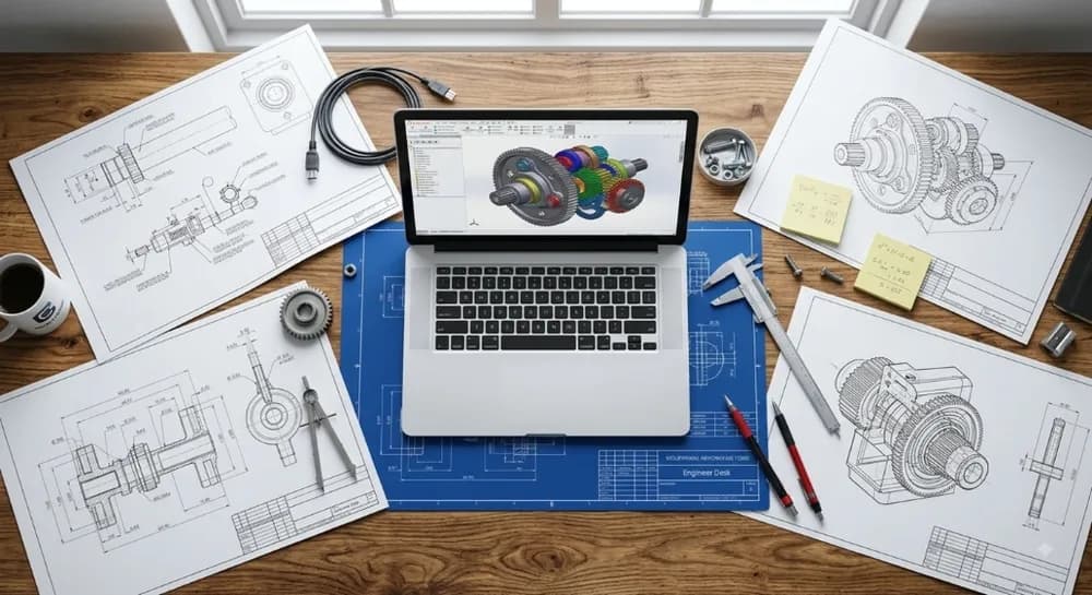 Overhead workspace view of engineering drafting blueprints and 3D CAD design layout on laptop screen