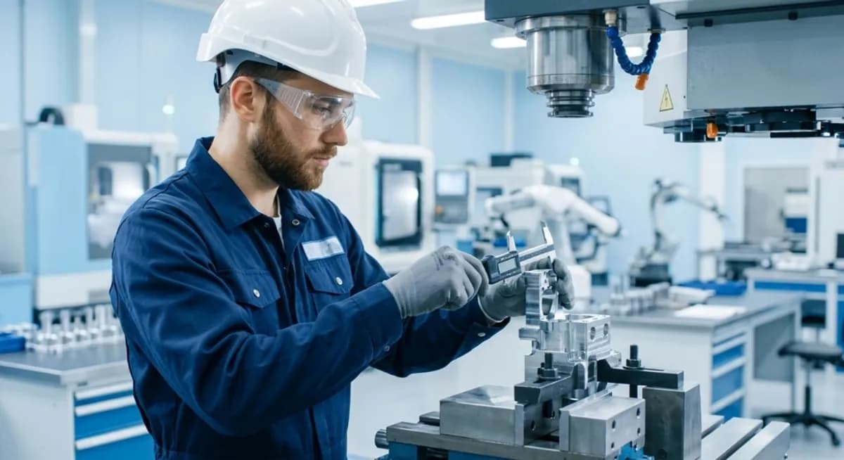 Professional mechanical technician using digital vernier caliper to check precision machining block