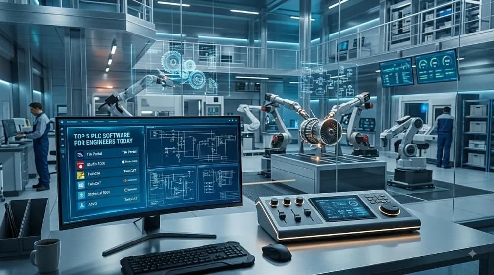 Industrial smart factory with robotic arms and PLC programming software display