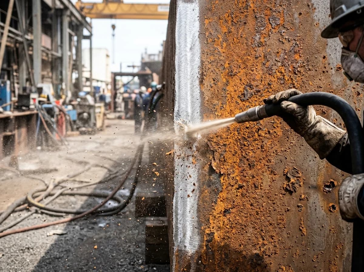 Rust Removal and Corrosion Protection in Rahima - Sandblasting heavy rust and corrosion from steel plate