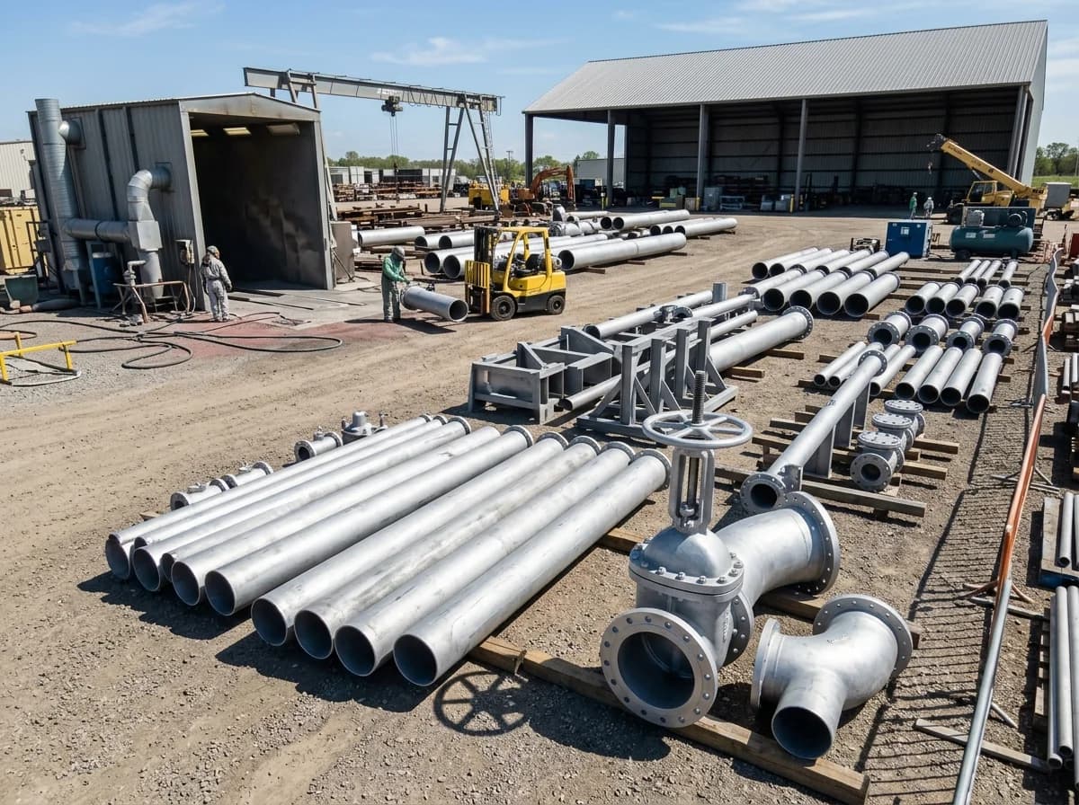 Sand Blasting for Pipes, Valves, and Steel Components in Rahima - Blast-cleaned pipelines and valves ready for recoating