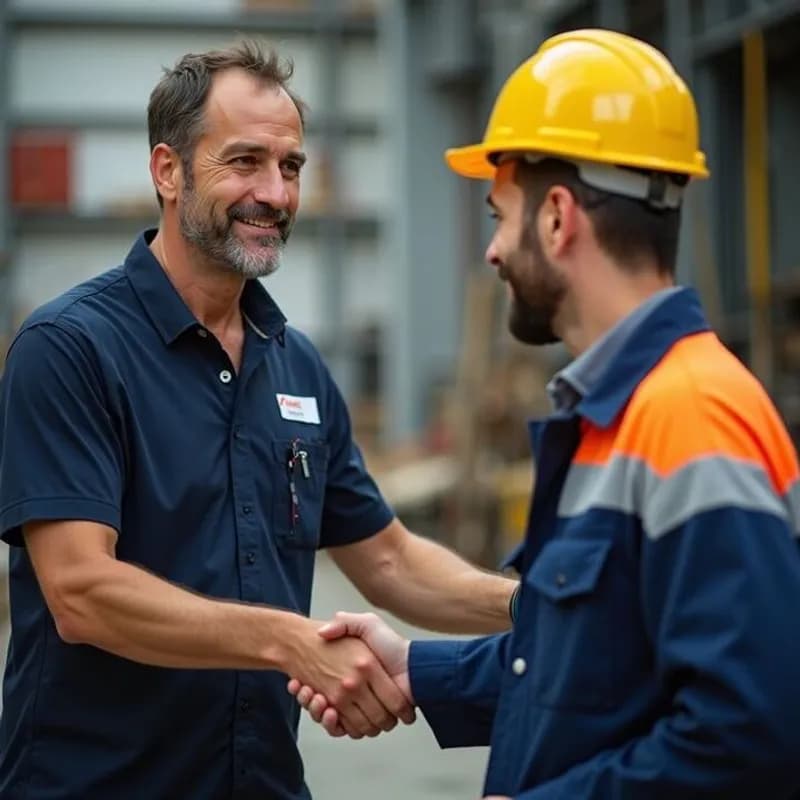 Prime Innovation client coordinator shaking hands with industrial warehouse technician in safety helmet
