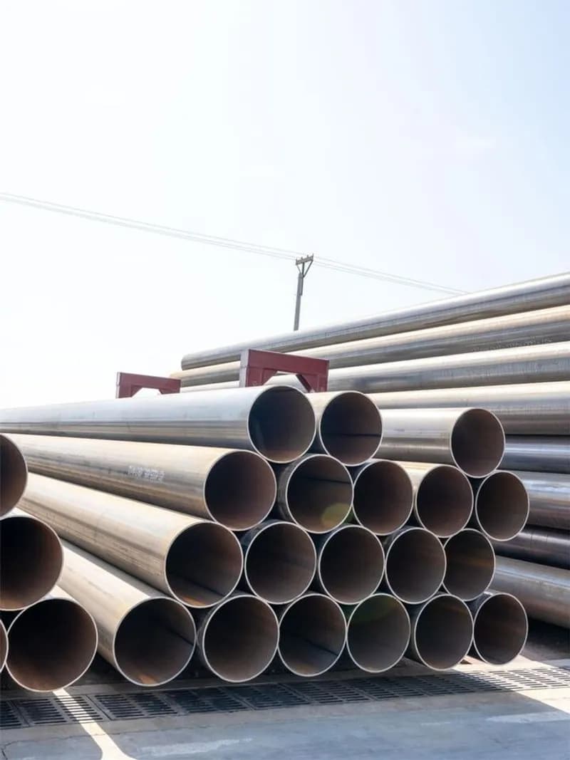 Large stacks of carbon steel industrial pipes stored in warehouse yard