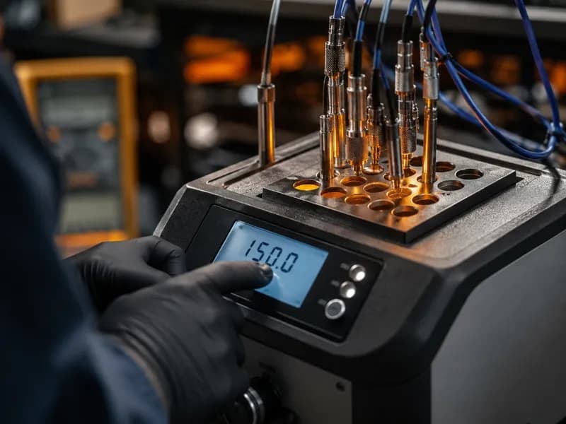 Close-up of technician hand adjusting temperature setpoint to 150.0 degrees on calibrator block