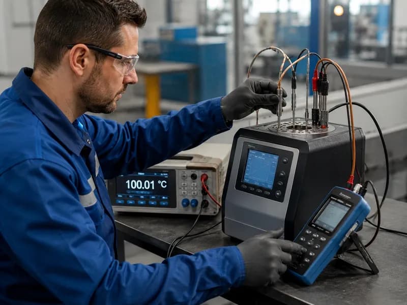 Temperature calibration setup with technician holding hand-held display device and thermal probes