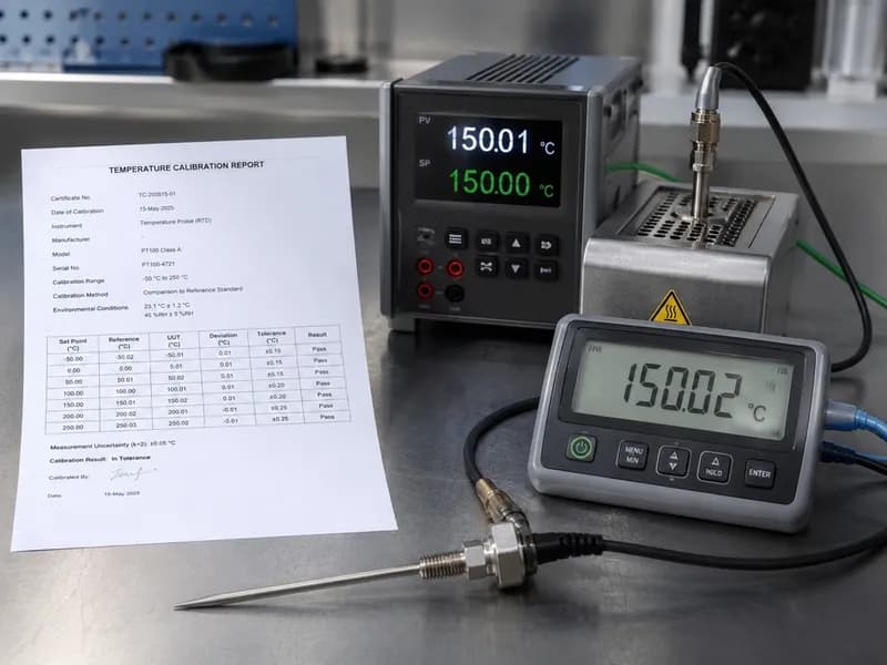 Temperature calibration report Pass certificate on workbench with digital reference thermometer and RTD sensor