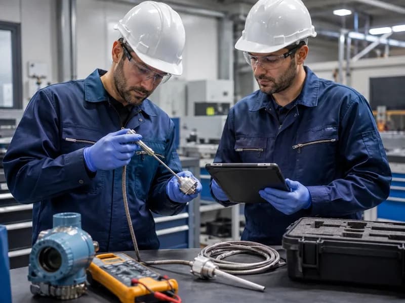 Calibration technicians inspecting RTD temperature sensor probe and checking tablet data