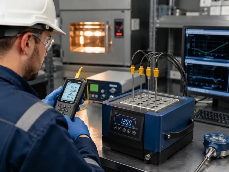 Multiple RTD temperature sensors inserted in dry block calibrator for verification testing