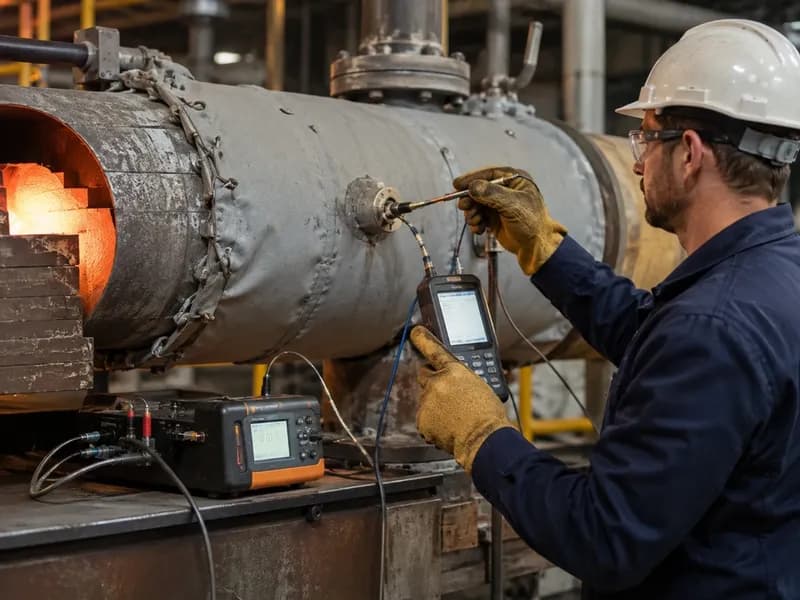 Thermal specialist in safety gloves verifying heat sensor probe on industrial furnace burner