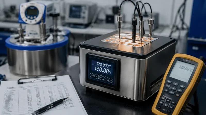 Thermal calibrator displaying 120.000 degrees with printout sheet and pen on workbench