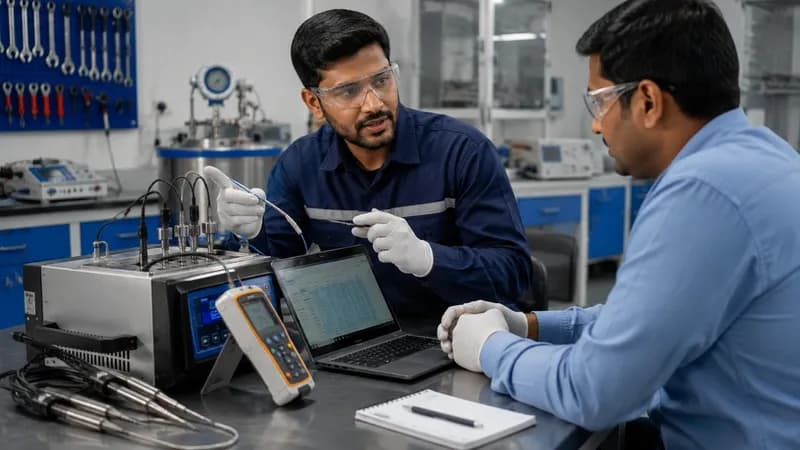 Thermal calibration specialist discussing test spreadsheet details on laptop with manager