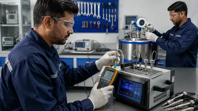 Thermal calibration technicians checking sensor logging equipment in laboratory