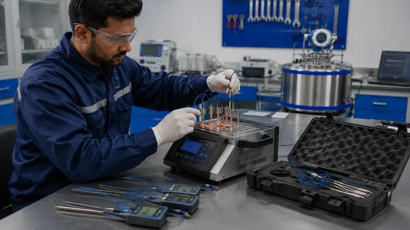 Calibration specialist sorting and inserting multiple temperature sensor probes into dry block calibrator