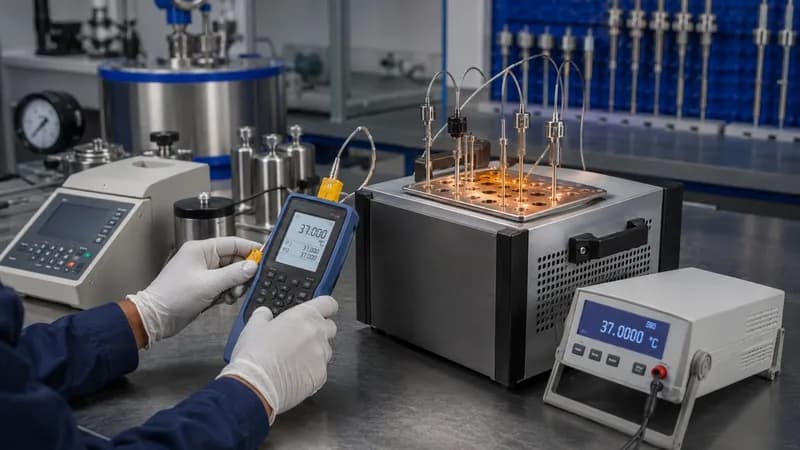 Temperature reference standards displaying 37.000 degrees in calibration bath setup