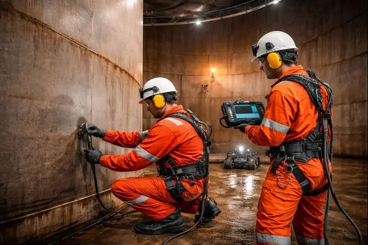 Technicians performing refractory testing and industrial inspection inside a storage tank in Abu Ali